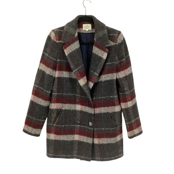 Sezane Octave Coat In Burgundy Gray Tiles Size 8 Plaid Double Breasted Jacket - Picture 2 of 11